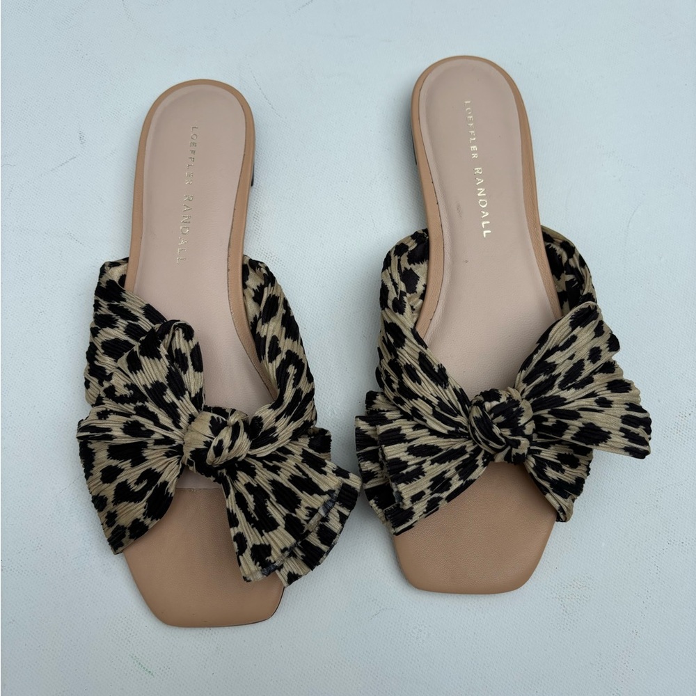 Loeffler Randall Leopard Bow Slide Sandals in Black and Tan